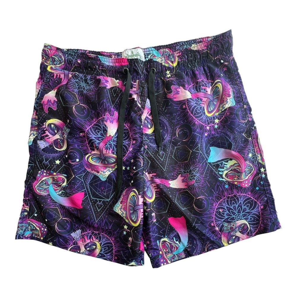KRONIC Prints Drill Swim Trunks Shorts L Psychedelic Trippy Shroom Festival